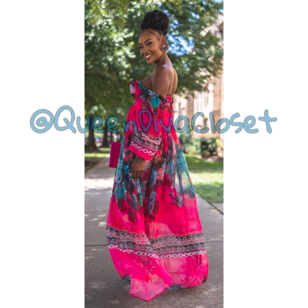 Floral queen goddess pink blue fuchsia bustier corset long sleeve maxi dress M 6 - Picture 7 of 8